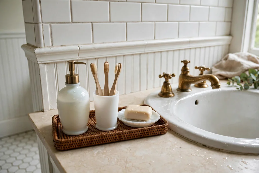 Milk glass soap dispenser set on a tray beside a bathroom sink