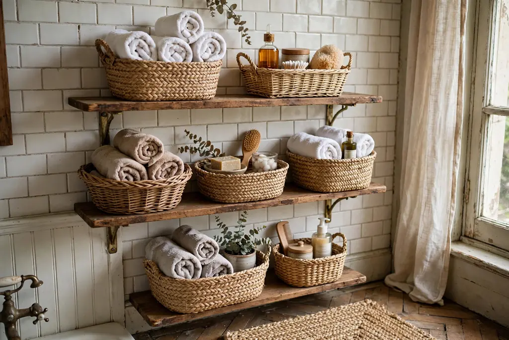 Wicker baskets holding rolled towels and toiletries on bathroom shelves