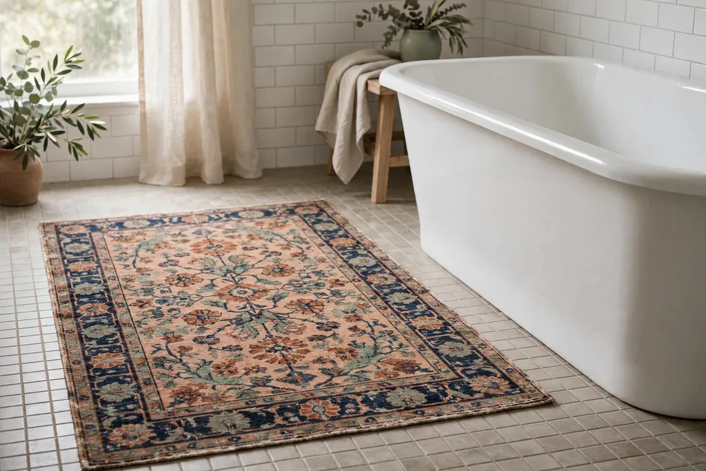 Vintage patterned rug beside a bathtub on a tiled floor