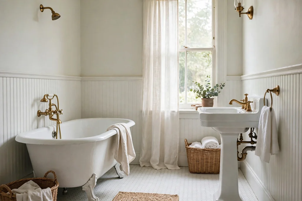 White beadboard wainscoting on bathroom walls with pale paint above