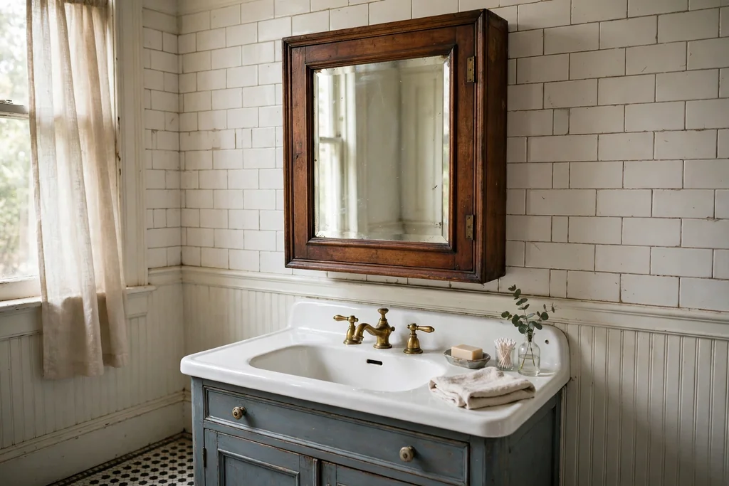 Antique mirrored medicine cabinet with a wood frame over a bathroom sink