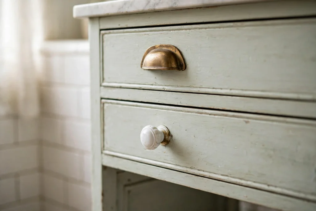 Brass bin pulls and porcelain knobs on a vintage bathroom vanity