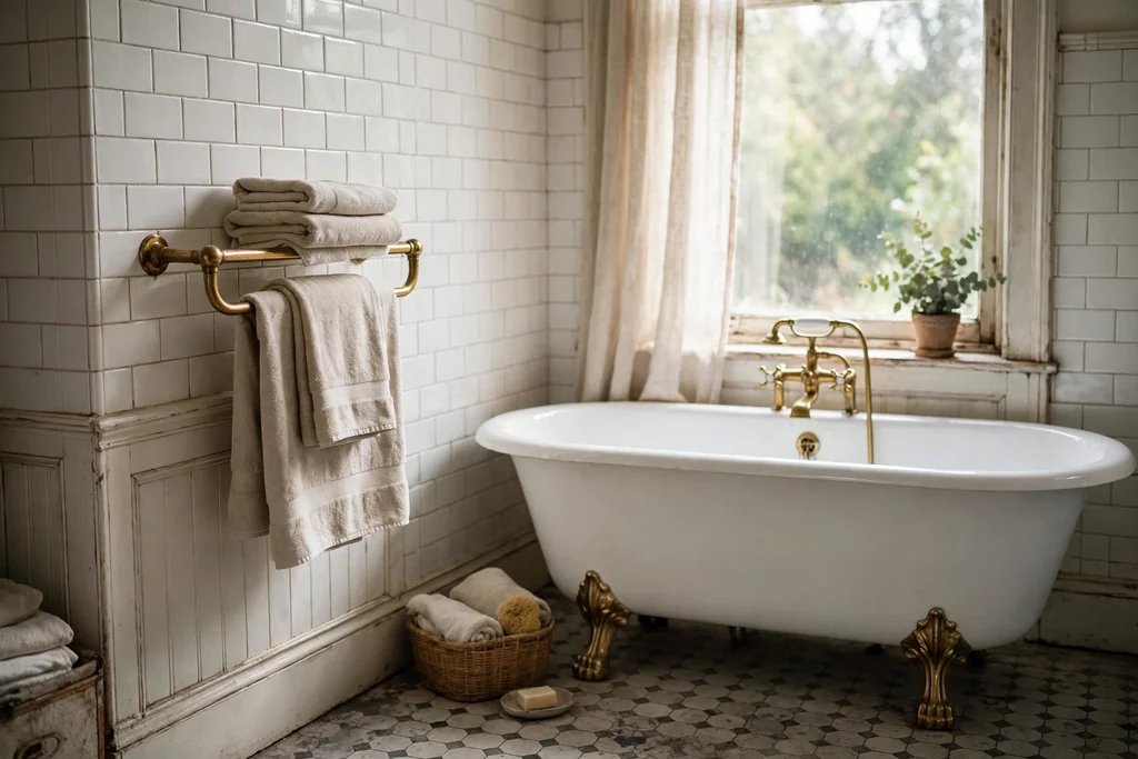 Brass wall mounted towel rail beside a bathtub in a vintage bathroom