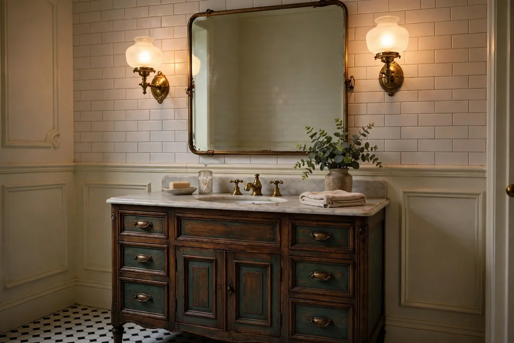 Vintage brass wall sconces with frosted glass shades beside a bathroom mirror