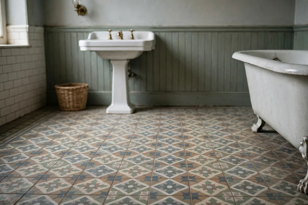 Patterned encaustic look floor tiles in muted tones in a vintage bathroom