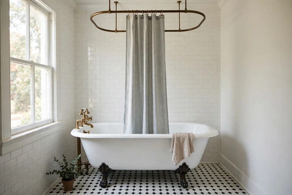 Clawfoot tub with a ring shower curtain hanging from a ceiling mounted ring