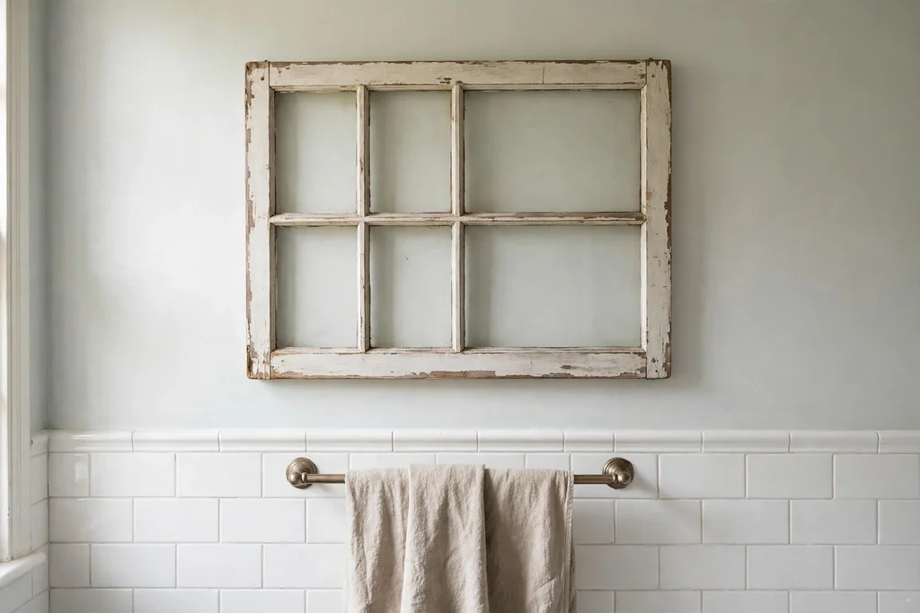 Salvaged painted window frame hung as decor on a bathroom wall