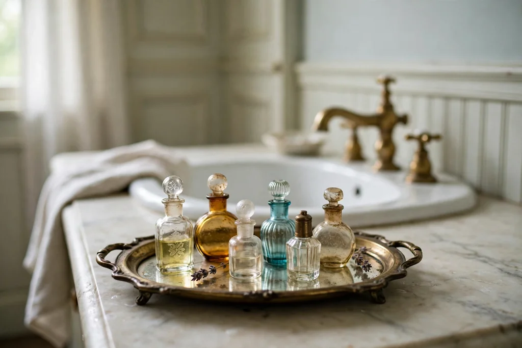 Vintage brass perfume tray with small bottles on a bathroom vanity