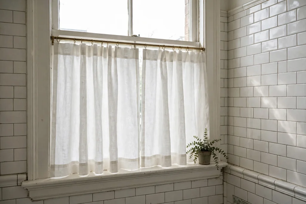 White cafe curtains on the lower half of a bathroom window