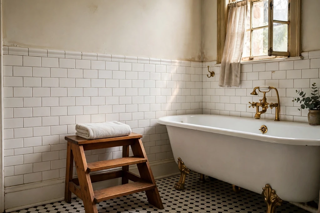Wooden step stool beside a bathtub holding a folded towel