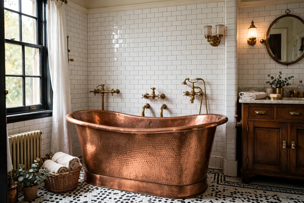 Hammered copper soaking tub in a vintage bathroom with white tile walls