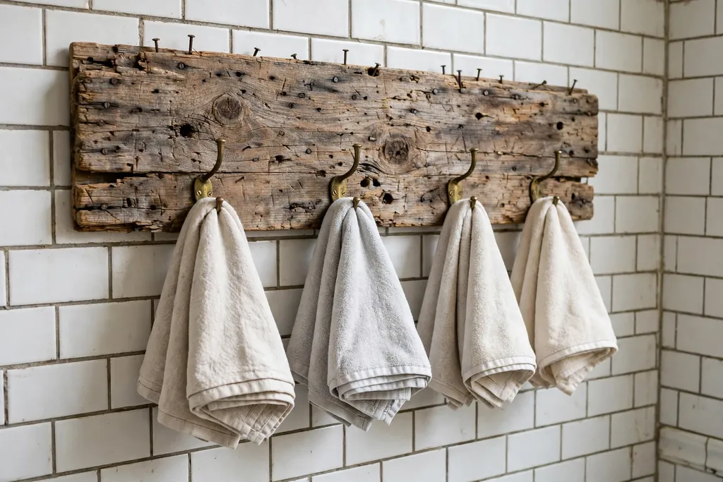Salvaged wood board with brass hooks holding towels on a bathroom wall
