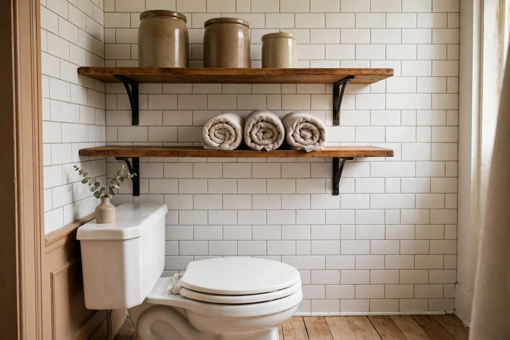 Open wood shelves with stoneware crocks and rolled towels above a toilet