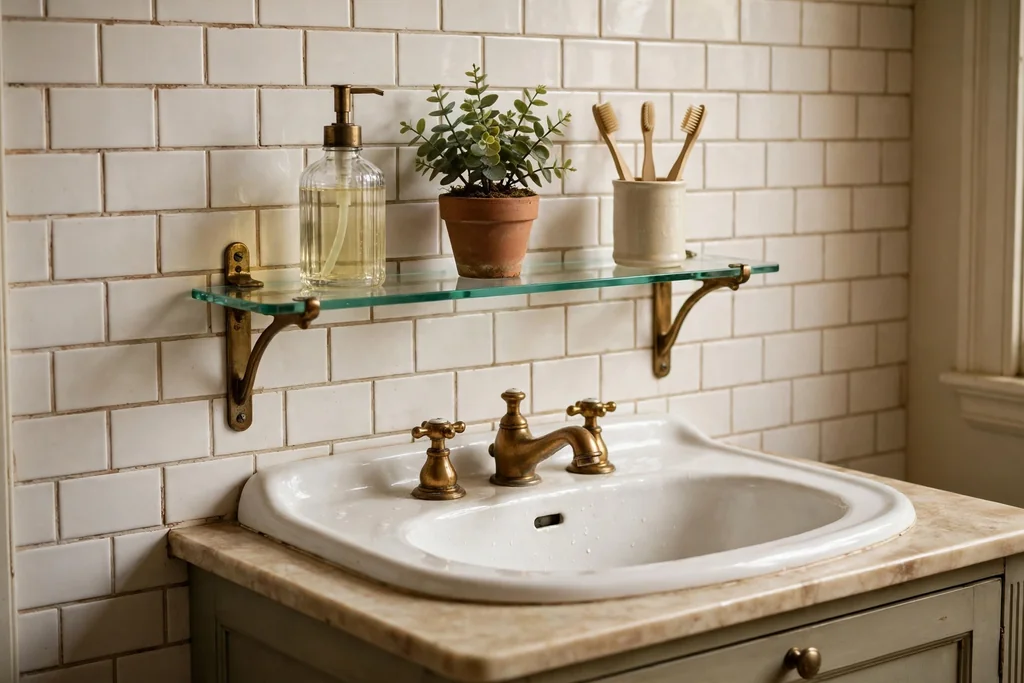 Glass shelf on brass brackets above a bathroom sink