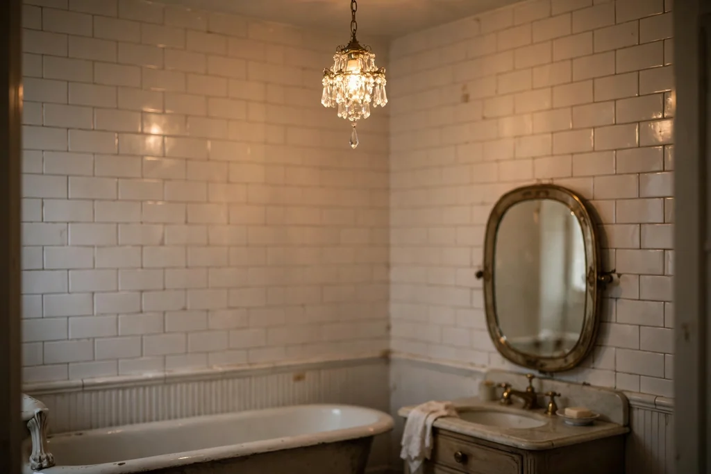 Small crystal pendant light hanging in a vintage bathroom