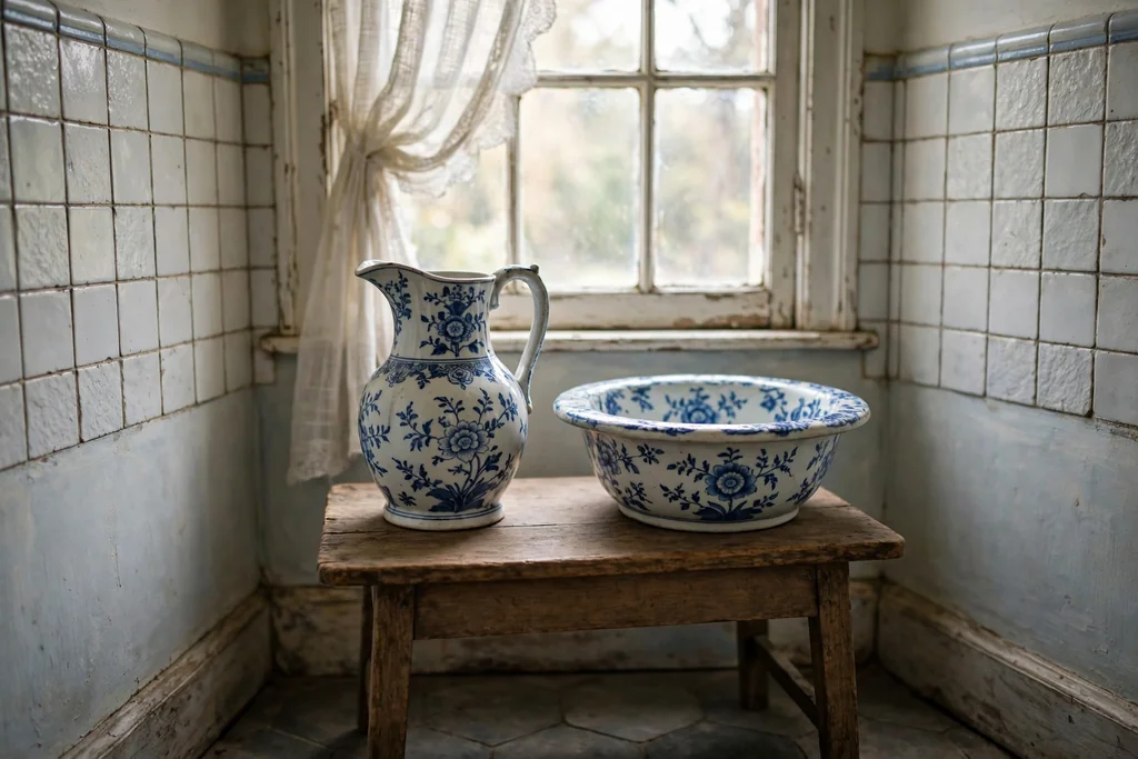 Porcelain pitcher and basin washstand set on a small table in a bathroom corner