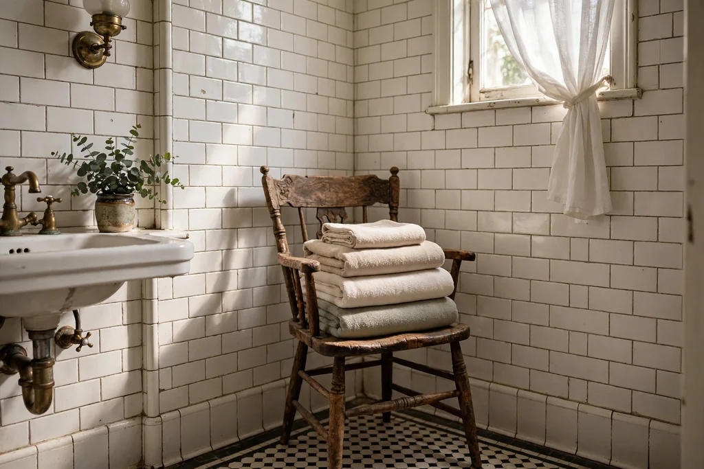 Antique wooden chair in a bathroom corner holding folded towels