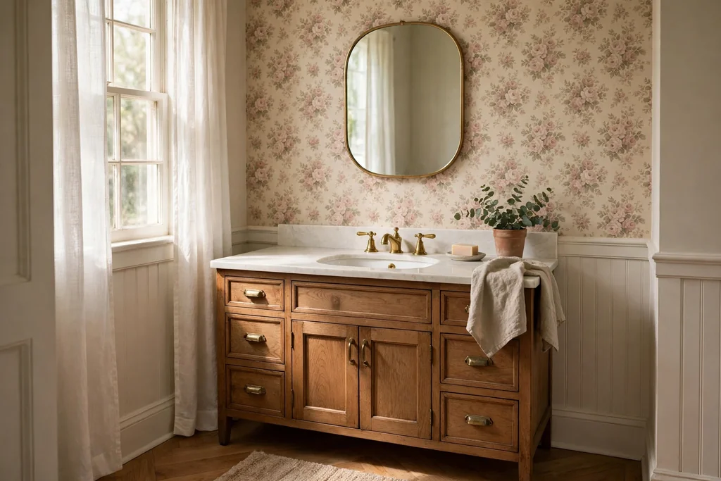 Vintage floral wallpaper on one bathroom wall behind a vanity