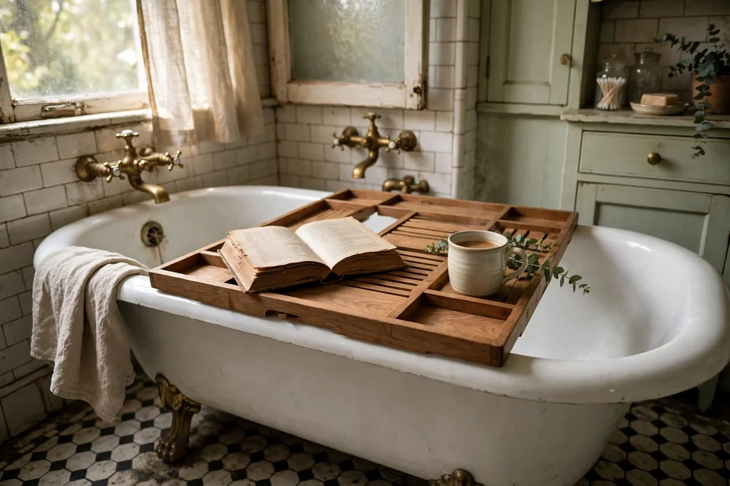 Wooden bath caddy tray across a bathtub holding a book and a cup