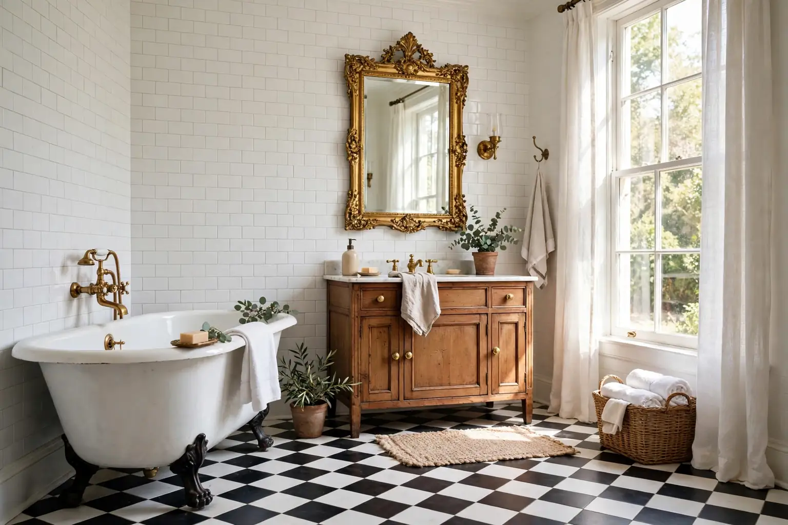 Wide bright vintage bathroom with a white clawfoot tub with dark feet, brass wall faucet, black-and-white checkerboard floor, and a large ornate gilt mirror above a wood vanity