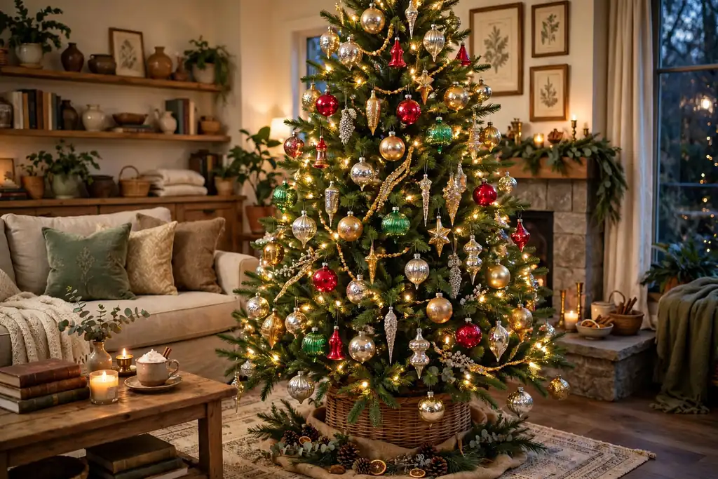 Christmas tree decorated with vintage glass ornaments in red, green, gold, and silver.