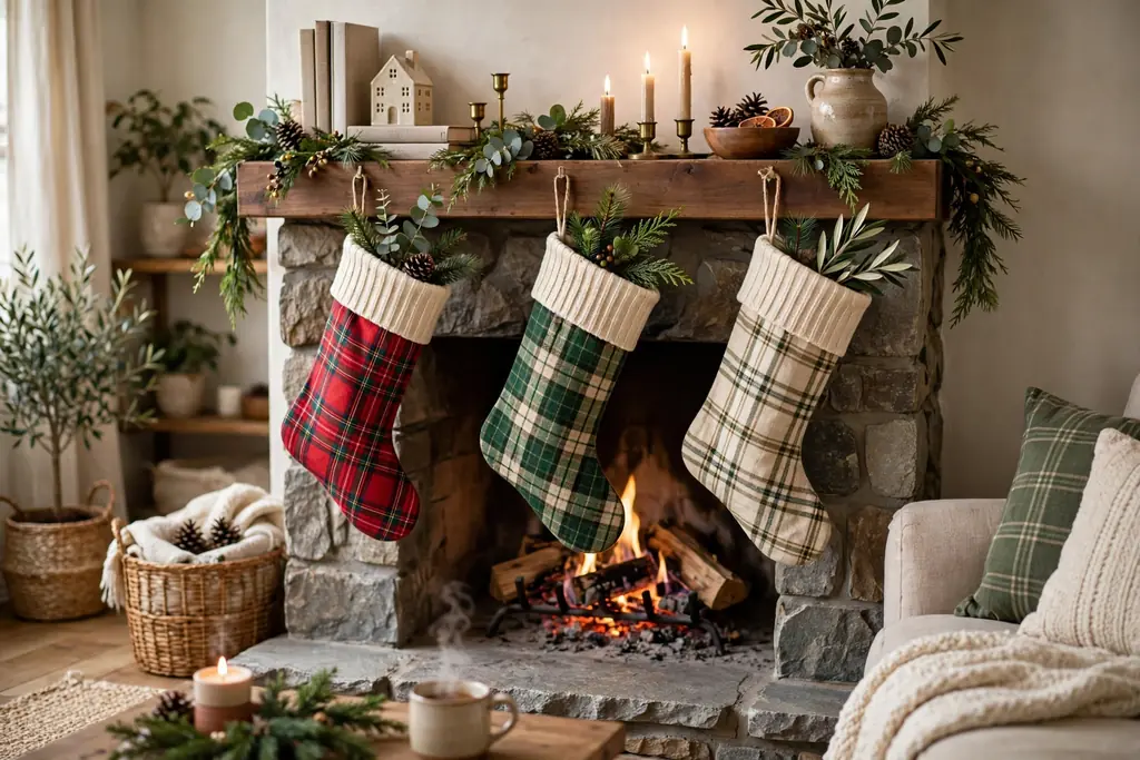 Mantel hung with plaid stockings in red, green, and cream.