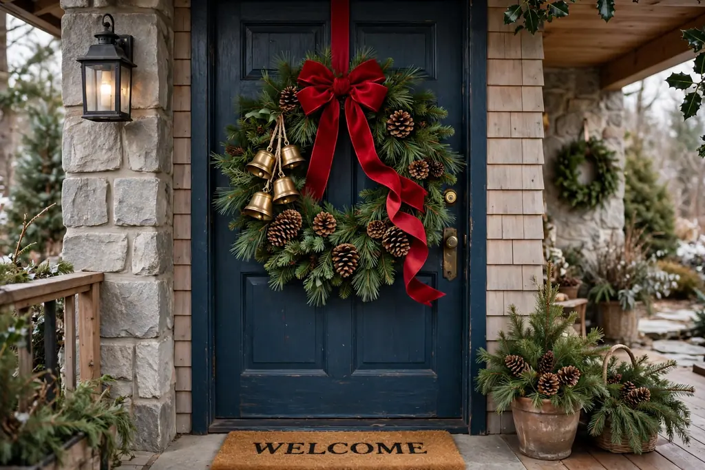 Pine wreath on a front door with brass bells and a red ribbon.