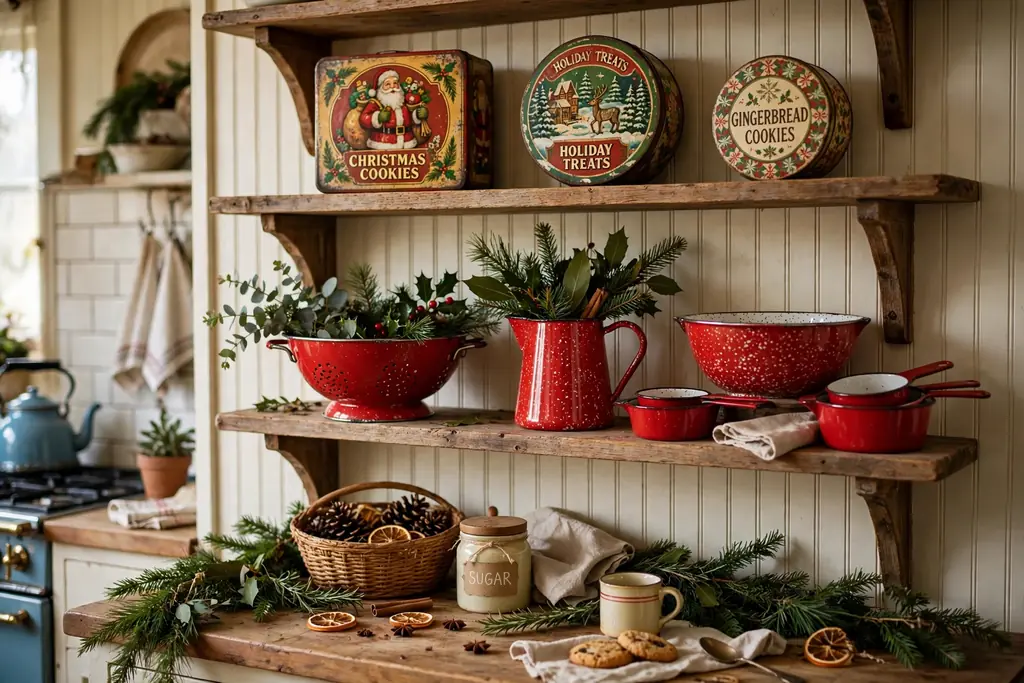 Kitchen shelves displaying vintage Christmas cookie tins and red enamelware.