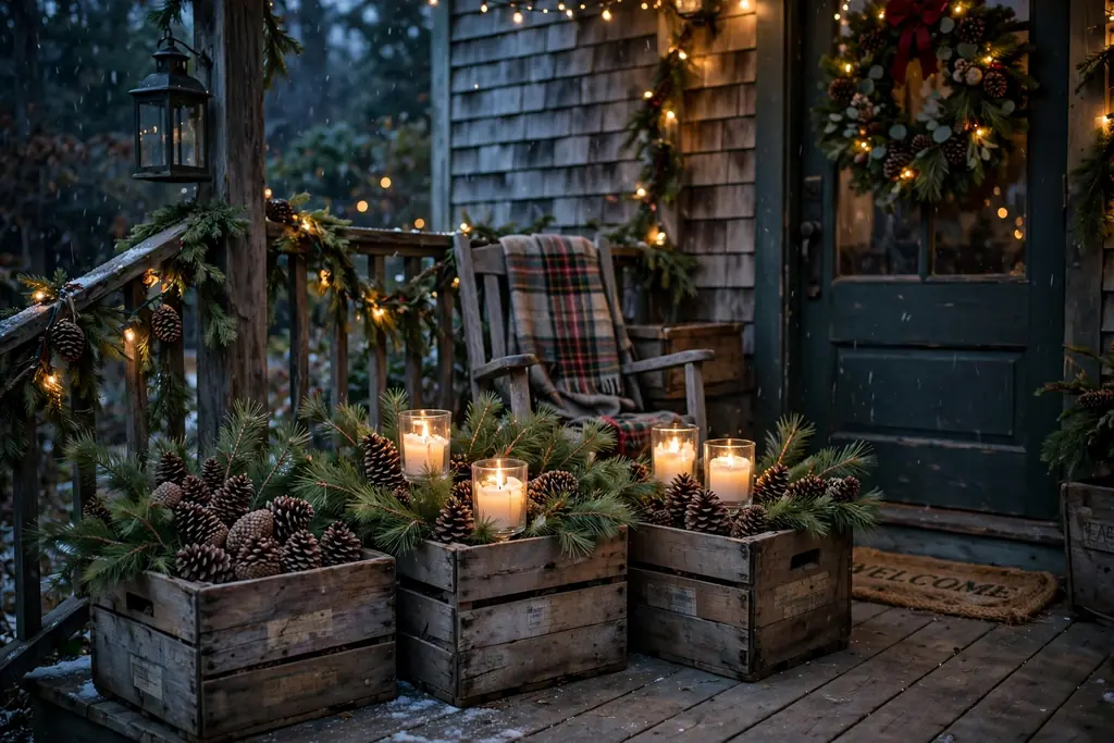 Porch with wooden crates filled with pinecones, pine branches, and candles.