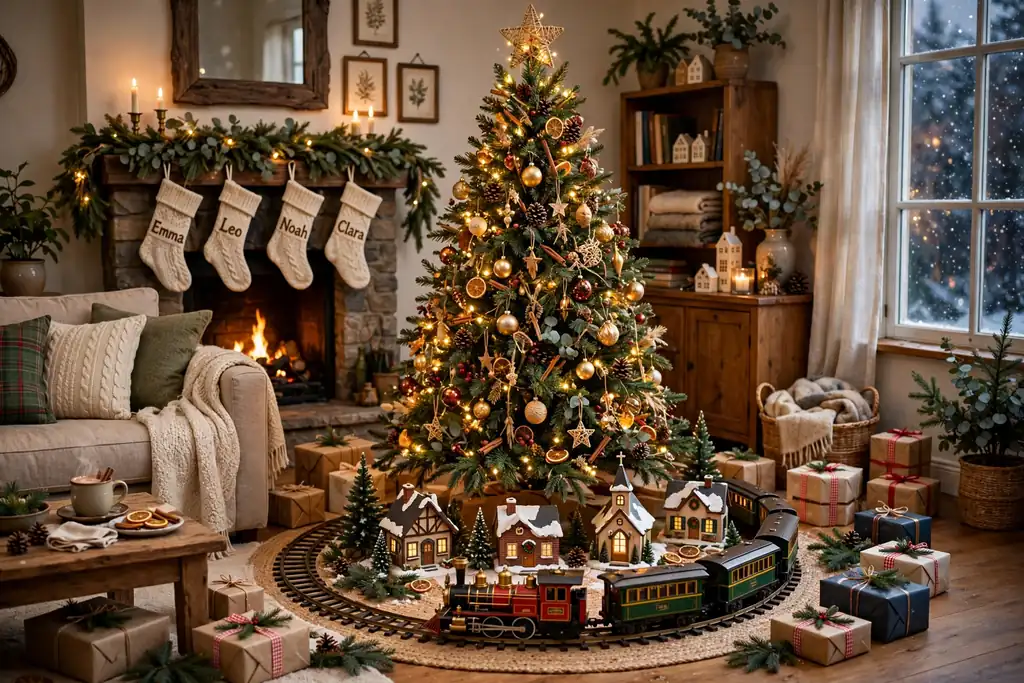 Toy train running around the base of a Christmas tree with small houses.