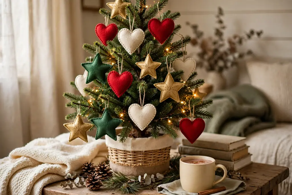 Small tree decorated with handmade felt ornaments in red, green, cream, and gold.