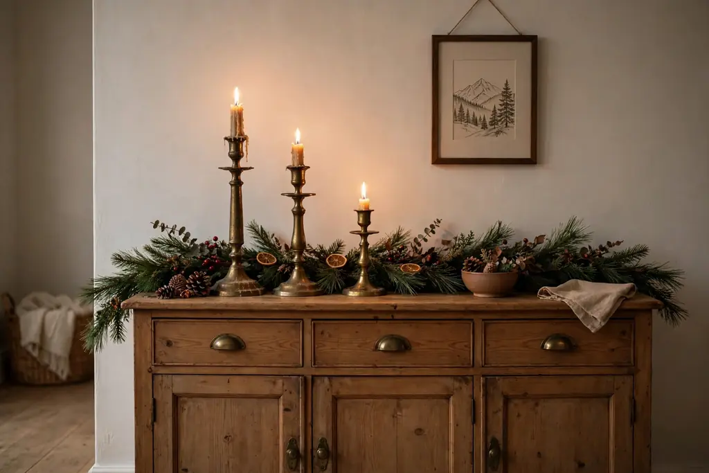 Sideboard with antique brass candlesticks and a low pine garland.
