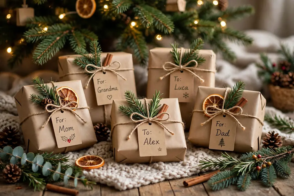 Gifts wrapped in brown paper with twine and greenery sprigs under a tree.