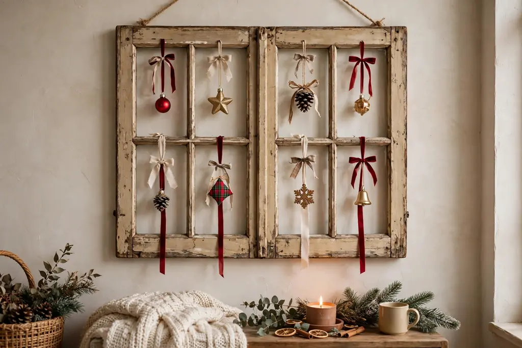 Old wooden window frame on a wall with small ornaments hanging from its panes.