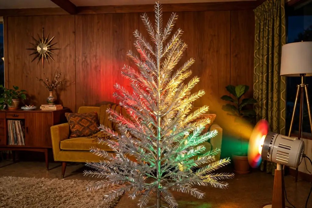Retro aluminum Christmas tree with a color wheel casting colored light.