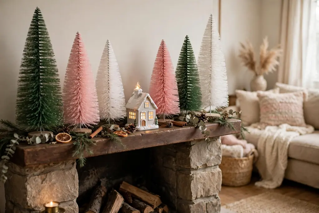 Mantel decorated with bottle brush trees in different heights and a small house figurine.
