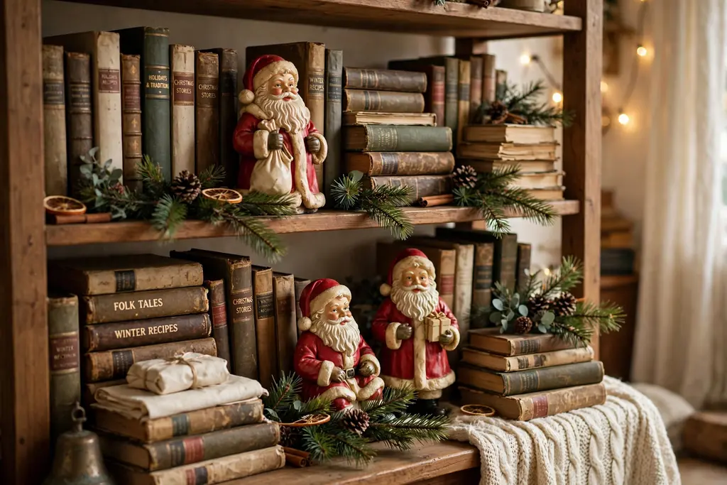 Bookshelf grouped with vintage Santa figurines and pine branches.