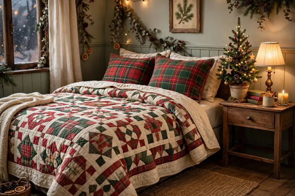 Bedroom with a vintage style quilt and a small Christmas tree on the nightstand.