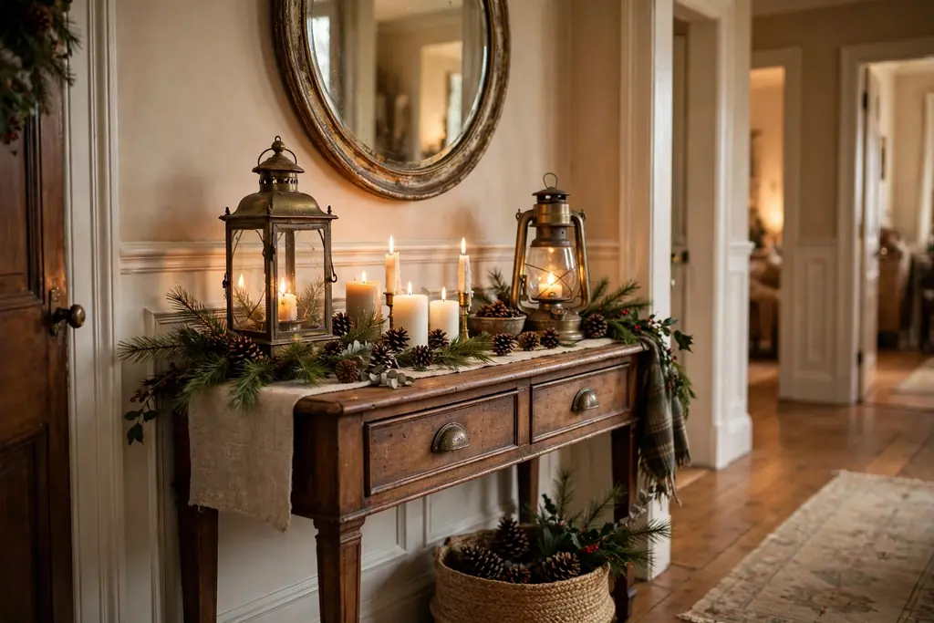 Entry console with antique lanterns, candles, pine branches, and pinecones.
