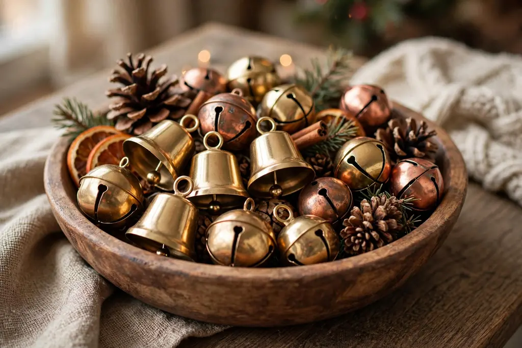 Wooden bowl filled with brass and copper jingle bells and pinecones.