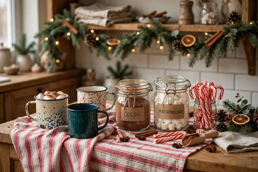 Kitchen cocoa station with vintage mugs, cocoa jars, and candy canes.