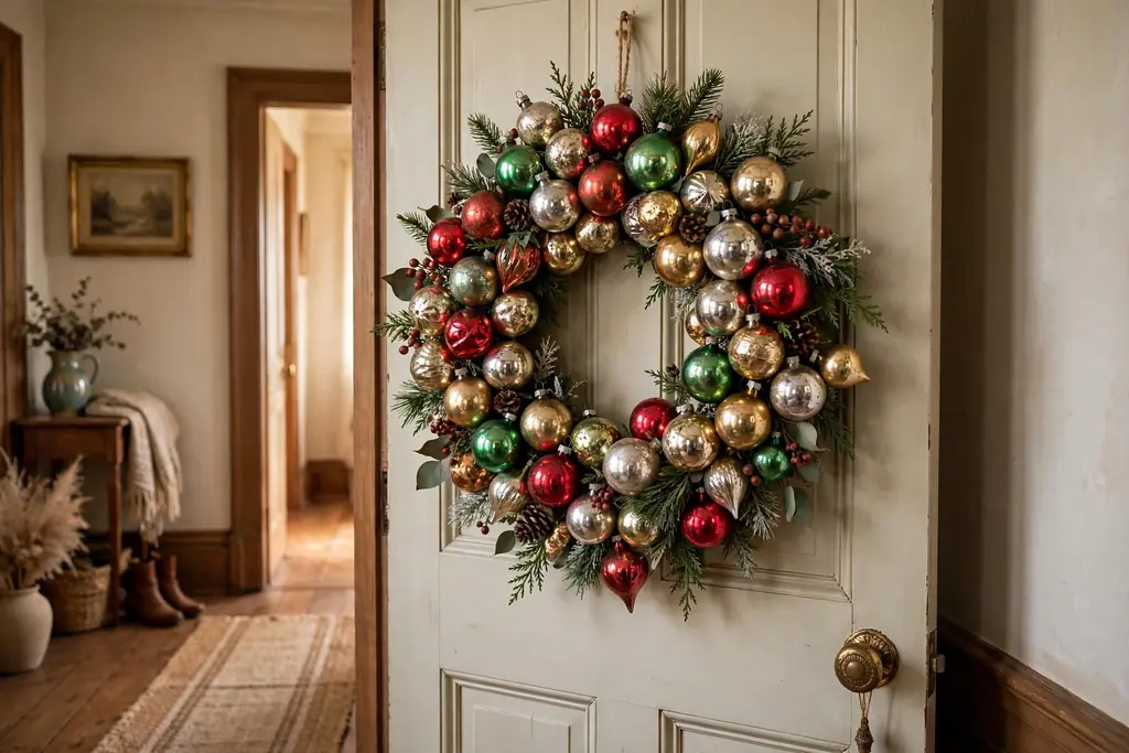 Interior door hung with a wreath made from vintage style glass ornaments.