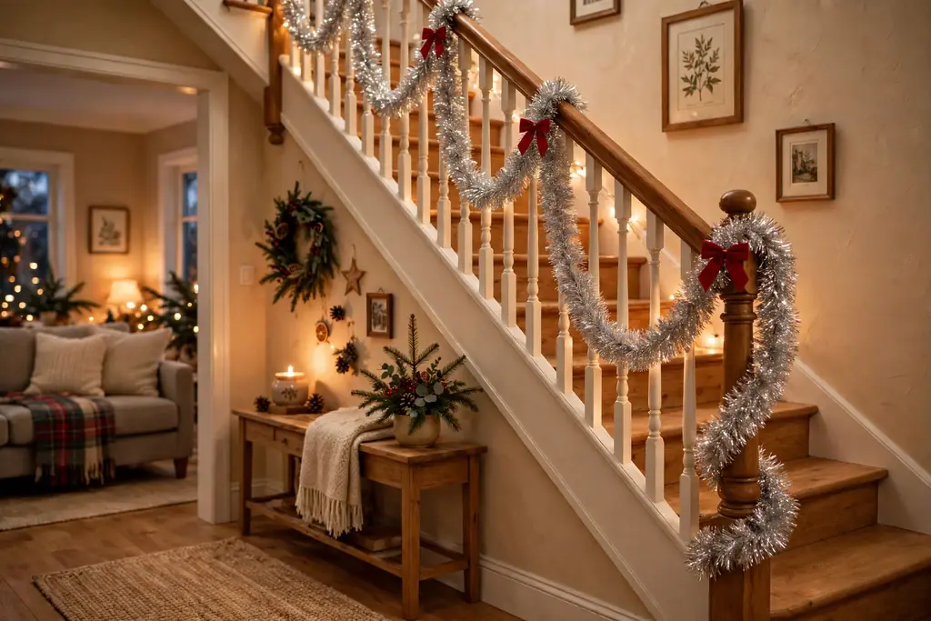 Staircase banister draped with silver tinsel garland and small red bows.