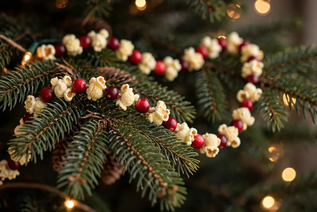 Christmas tree with a popcorn and cranberry garland draped in loops.