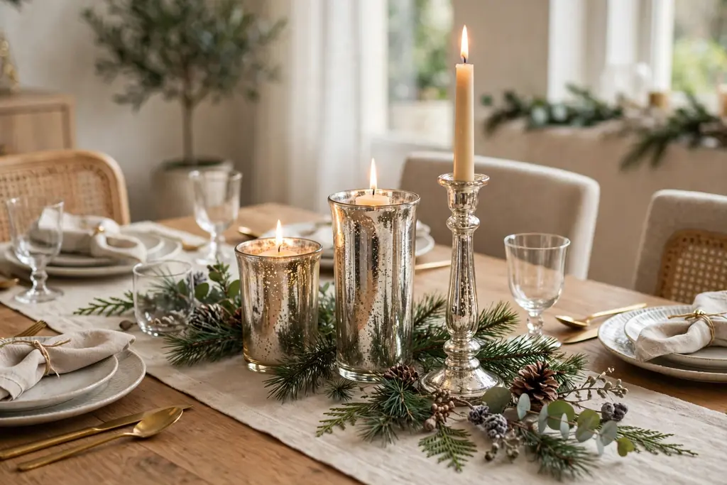 Dining table with mercury glass candle holders and pine sprigs as a centerpiece.