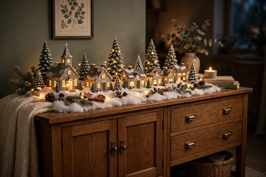 Sideboard with a ceramic Christmas village with glowing windows on cotton snow.