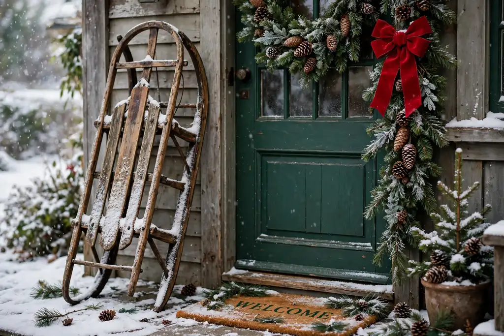 Antique wooden sled by a front door decorated with pine branches and a red bow.