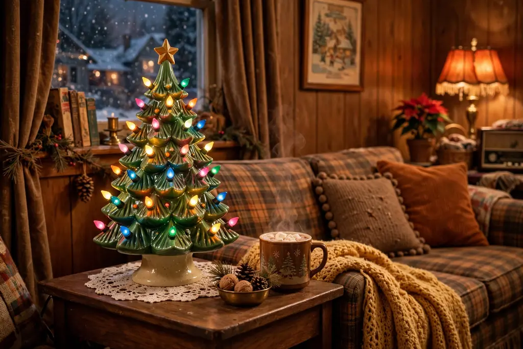 Retro ceramic Christmas tree with colored lights on a side table.