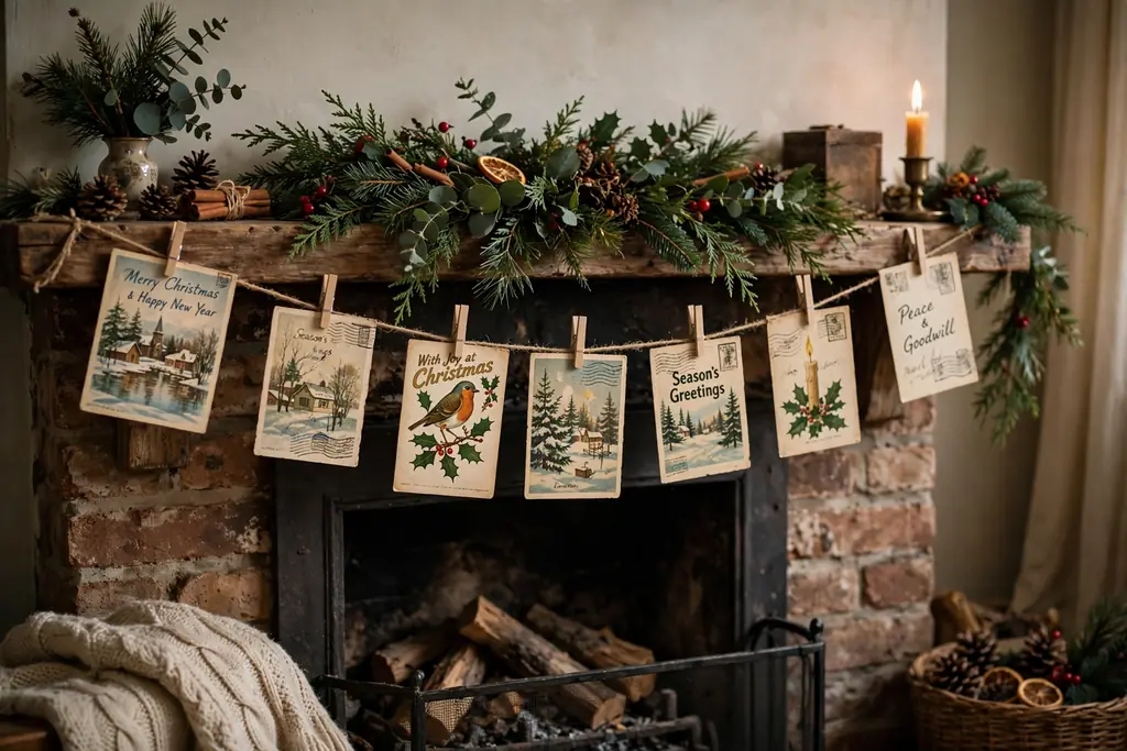 Old Christmas cards clipped to twine as a garland across a mantel.