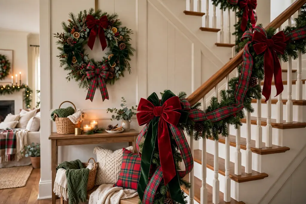 Christmas wreath and stair rail decorated with wide velvet bows in red and green and plaid ribbon.